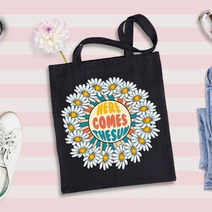 Here Comes The Sun Tote Bag, Retro Daisy Tote Bag, Daisy Flower Tote Bag, 70s Boho Flower Bag, Floral Tote Bag, Summer Beach Tote Bag