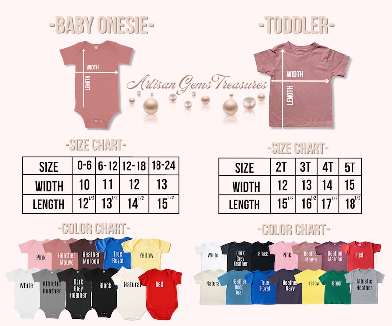Op de afbeelding: Maattabel voor baby-rompers en peuter T-shirts. De tabel toont de breedte- en lengtemaat in inches voor verschillende maten. De kleurenkaart toont een verscheidenheid aan kleuren die beschikbaar zijn voor de rompers en T-shirts.