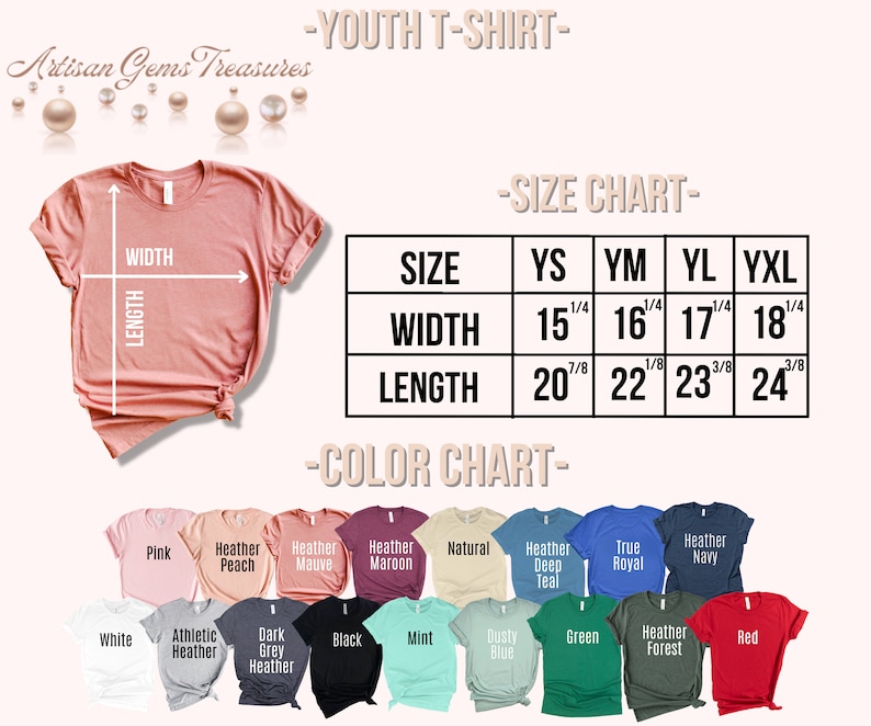 Op de afbeelding: Maattabel voor kinder T-shirts met afmetingen in inches. Kleurenkaart met 14 verschillende kleuropties voor het T-shirt. De kleuren omvatten roze, heather peach, heather mauve, heather maroon, naturel, heather deep teal, true royal, heather navy, wit, athletic heather, dark grey heather, zwart, mint, dusty blue, groen, heather forest en rood.