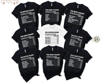 Personalized Cousin Nutrition Facts T-Shirts, Matching Family Reunion Shirts
