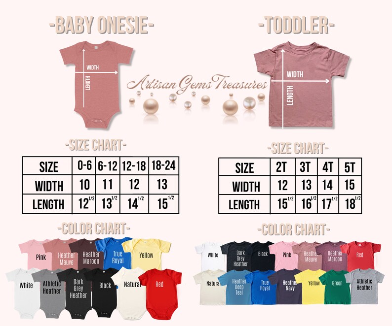Op de afbeelding: Maattabel voor baby-rompers en peuter T-shirts. De tabel toont de breedte- en lengtemaat in inches voor verschillende maten. De kleurenkaart toont een verscheidenheid aan kleuren die beschikbaar zijn voor de rompers en T-shirts.