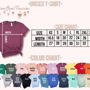 May include: Unisex t-shirt size chart with measurements in inches. Color chart with 20 different color options for the t-shirt.  The t-shirt is shown in a maroon color.