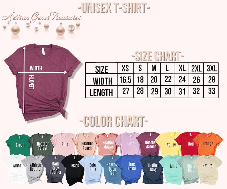 May include: Unisex t-shirt size chart with measurements in inches. Color chart with 20 different color options for the t-shirt.  The t-shirt is shown in a maroon color.