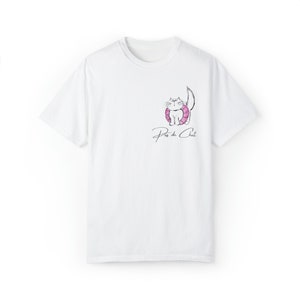 May include: White t-shirt with a graphic of a cat wearing a pink life preserver and the text "Pas de Chat".