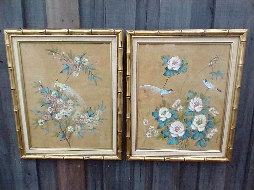 Vintage Chinese Watercolor Paintings on Faux Bamboo Frames Etsy