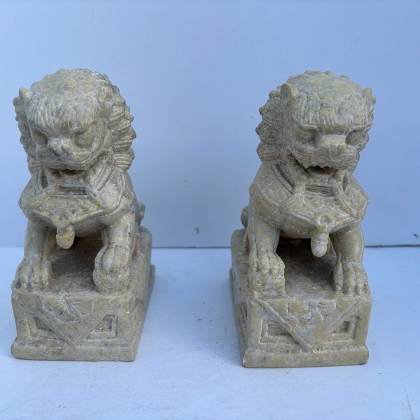 Pair of Carved Stone Small Foo Dogs Statues, Bookends, Decorative Asian Art