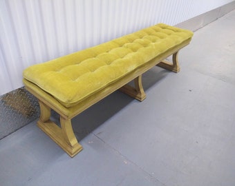 Vintage Mid Century Velvet Upholstered Bench, Long Tafted Velvet Bench, Hollywood Regency Green Bench