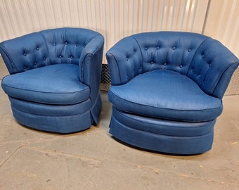 Pair of Vintage Modern Navy Blue Swivel Barrel Chairs