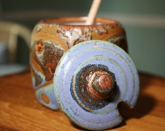 Copper and blue abstract Wheel Thrown Honey Jar- made in Knoxville TN