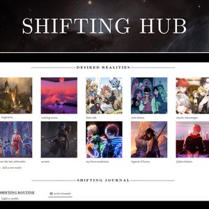 Può includere: Uno schermo di computer che mostra un sito web chiamato "Shifting Hub" con un elenco di realtà desiderate, tra cui "Hogwarts", "Fairy Tail", "Teen Titans", "Mystic Messenger", "Avatar, la leggenda di Aang", "Arcane", "My Hero Academia", "La leggenda di Korra" e "Jujutsu Kaisen". Il sito web include anche una sezione per "Routine di spostamento" e "Diario di spostamento".