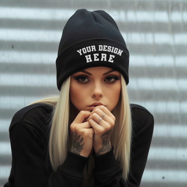 Black Beanie Mockup, Grunge Mockup, Ribbed Knit Beanie Hat Mockup, Tattoed Model Mockup, Alternative Mockup, Unique, Goth, Punk, Rock, Emo