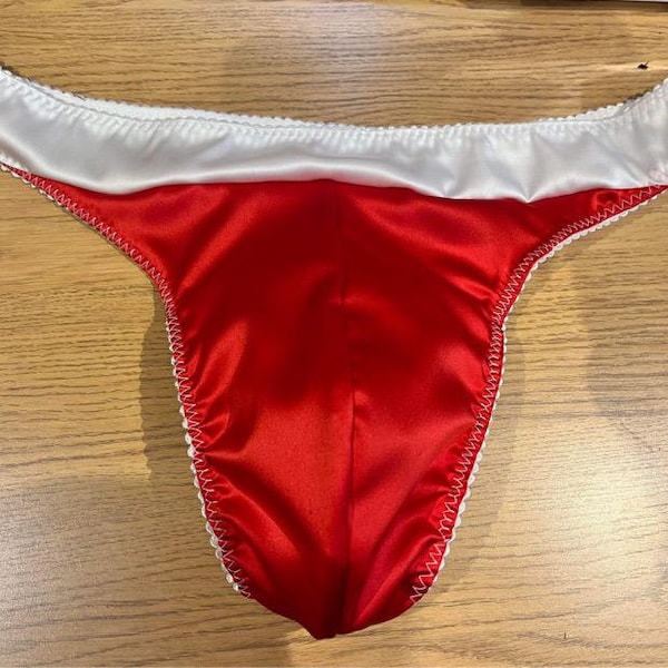 Men's Santa Thong Red & White satin thong with pouch and lined gusset sizes 28" - 38" waist, Christmas gift ideas for him, secret Santa.