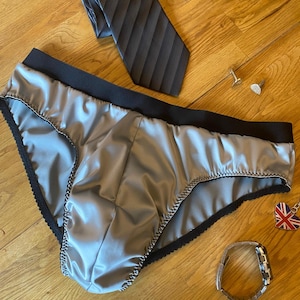 Satin briefs for men ~ silver satin underwear with front pouch for men sizes 28 - 38, satin lined and elasticated waistband.