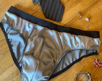 Satin briefs for men ~ silver satin underwear with front pouch for men sizes 28 - 38, satin lined and elasticated waistband.