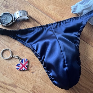 Mens sexy underwear blue satin mini thong with adjustable sides waist sizes 28” - 38” with pouch