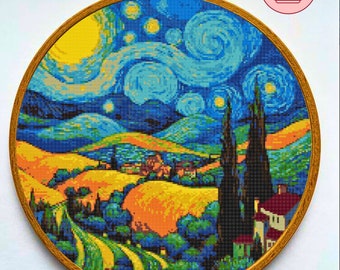 ローヌ川の星月夜 クロスステッチキット、ゴッホの絵画、DMC刺繍糸