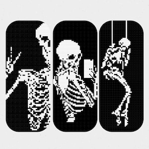 Skeleton bookmark set cross stitch pattern PDF, Set of 3 bookmark crochet, Halloween Christmas cross stitch, Gothic embroidery, Book lover