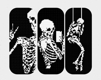 Skeleton bookmark set cross stitch pattern PDF, Set of 3 bookmark crochet, Halloween Christmas cross stitch, Gothic embroidery, Book lover