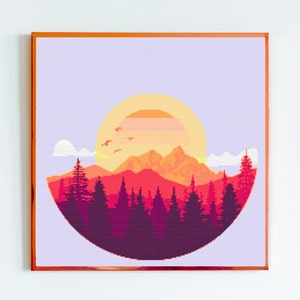 May include: A pixelated sunset scene with a red, orange, and yellow sun over a purple mountain range and a dark forest. The scene is framed in a circle.