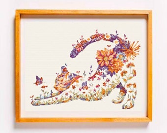 Cat Floral Butterfly Cross Stitch Pattern PDF, Cute Crochet Cat, Animal Embroidery, Cat Crochet, Hand Embroidery, Floral Pattern Embroidery