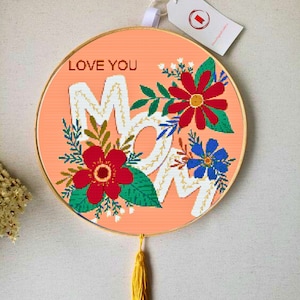 Te amo mamá patrón de punto de cruz, regalo del día de la madre, regalo de bricolaje para mamá, muestra de punto de cruz floral, flores de bordado, xstitch del día de las madres