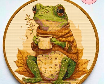 Cute Coffee Frog Cross Stitch Pattern PDF,  Cute Animal Embroidery Pattern,  Easy Cross Stitch, Floral Crochet Stitch