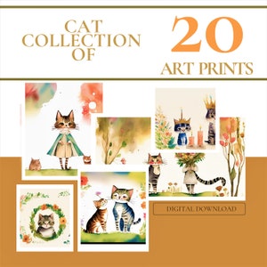 Gallery wall set, 20 Printable art cat collection, Cat printable wall art, Cat posters, Design for kids, Nursery digital art