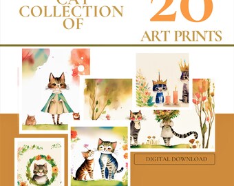 May include: A digital download collection of 20 watercolor art prints featuring cute cats in various poses and settings. The prints are perfect for adding a touch of whimsy to any home decor.