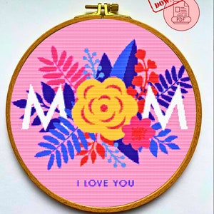 Patrón punto de cruz día de la madre pdf, Regalos día de la madre, Punto sampler contado día de la madre, Patrón citas día de la madre, Manualidades florales