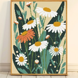 Kruissteekpatroon met wilde bloemen. Geteld kruissteekdiagram. Natuur hoepel kunst borduurwerk. PDF-bestand direct downloaden