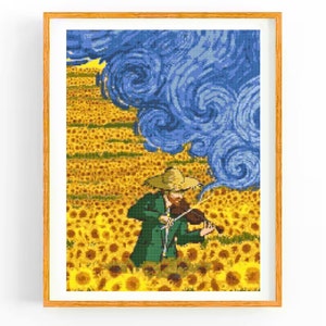 Van Gogh Poster Cross Stitch Pattern, Starry Night Cross Stitch Pattern, Famous Painting Embroidery, Sunflowers with Van Gogh crochet