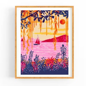 Kreuzstichmuster mit Sonnenuntergang, Ozean Berge Stickerei, Meerlandschaft, Natur häkeln, Tropisches Landschaftsmuster, Blick aufs Meer