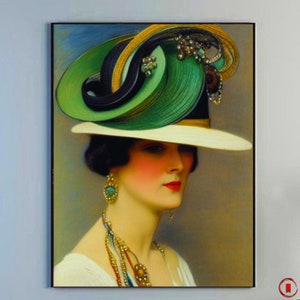 Woman in Hat Vintage Portrait Painting | Neutral 1900&#39;s Vintage Wall Decor PRINTABLE Digital Art Print