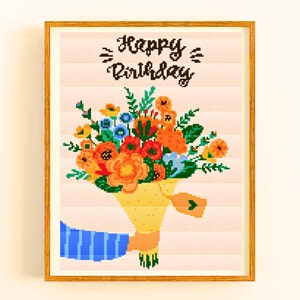 Joyeux anniversaire modèle de point de croix, échantillon de bouquet de fleurs, cadeau d'anniversaire, échantillon de fleurs au crochet, broderie de motifs floraux
