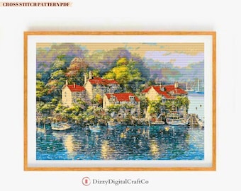 Lakeside Forest Houses Cross Stitch Pattern, Mountains Counted Landscape Cross Stitch Designs, Wild Nature Forest Embroidery Pattern