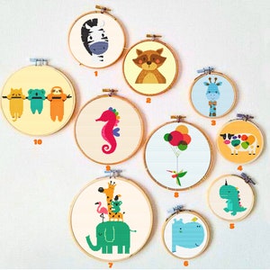 Set Of 10 Pieces Animals Easy Cross Stitch PDF Patterns, Nursery Decor Cross Stitch, Embroidery Animals, Crochet For Kids, Baby Stitch