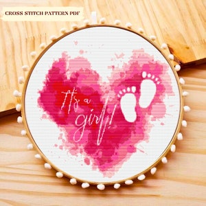 It's a girl baby geboortekaartje modern kruissteekpatroon, meisje kinderkamerinrichting geteld kruissteekkaart, kraamcadeau DIY