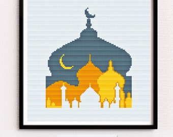Islamic Mosque Crescent Cross Stitch Pattern, Islamic Gifts, Ramadan Cross Stitch, Religious Ornaments Stitch, Minarets Crochet, Islamic Art