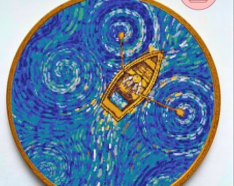 ローヌ川の星月夜 クロスステッチキット、ゴッホの絵画、DMC刺繍糸