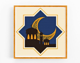 Patrón de punto de cruz de la mezquita islámica en forma de media luna, Ramadán en crochet, bordado islámico, adornos religiosos étnicos en crochet, regalos musulmanes