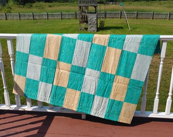 Handmade Teal and gold quilt