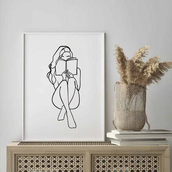 Woman Reading a Book Print, Bookish Minimalist Line Art, Book Wall Art, Woman Line Art, Book Lover Gifts, Abstract Wall Art Poster Digital