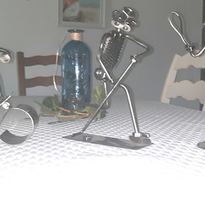 Handmade Metal Art Figurines, Welded,  Nuts and Bolts, 10&quot; tall. Whimsical, Hockey, Unicycle Tennis, Skateboarder. Unique gift idea.