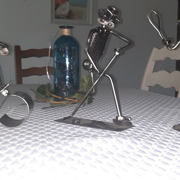 Handmade Metal Art Figurines, Welded,  Nuts and Bolts, 10" tall. Whimsical, Hockey, Unicycle Tennis, Skateboarder. Unique gift idea.