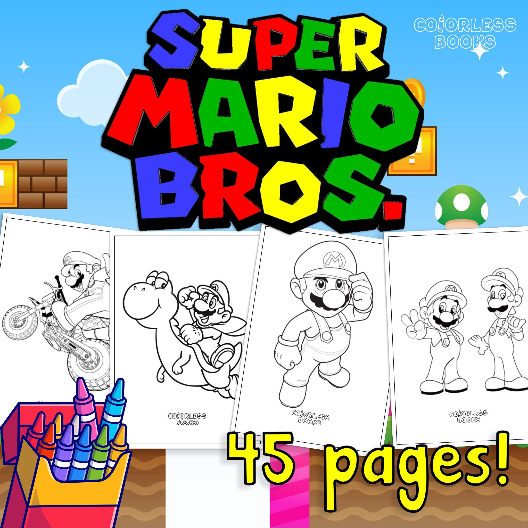 Super Mario Bros Printable Coloring Book, Drawings to Color for Kids, 20  Digital Coloring Pages, Activity Book Pages 