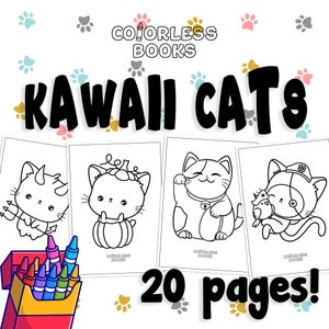 Kawaii Coloring Pages | 20 Pages | Cute Cats | Cute Coloring Pages | For Kids and Adults | Digital Download