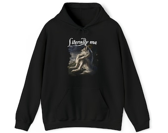May include: Black hooded sweatshirt with a white wolf illustration and the text "Literally me" printed on the front.