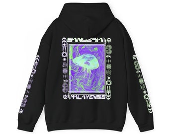 May include: Black hooded sweatshirt with a graphic print of a green and purple jellyfish on a swirling background. The graphic is surrounded by a white frame with the text "SANCTUM" and "MAL1YENSIS".