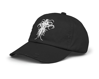 May include: A black distressed baseball cap with a white embroidered design of a stylized tree or plant.