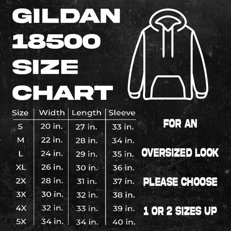 Pu&ograve; includere: Una tabella delle taglie per felpe con cappuccio Gildan 18500, che mostra le misure di larghezza, lunghezza e manica in pollici per le taglie S a 5X. La tabella include anche una nota che per un look oversize, si prega di scegliere 1 o 2 taglie in pi&ugrave;.
